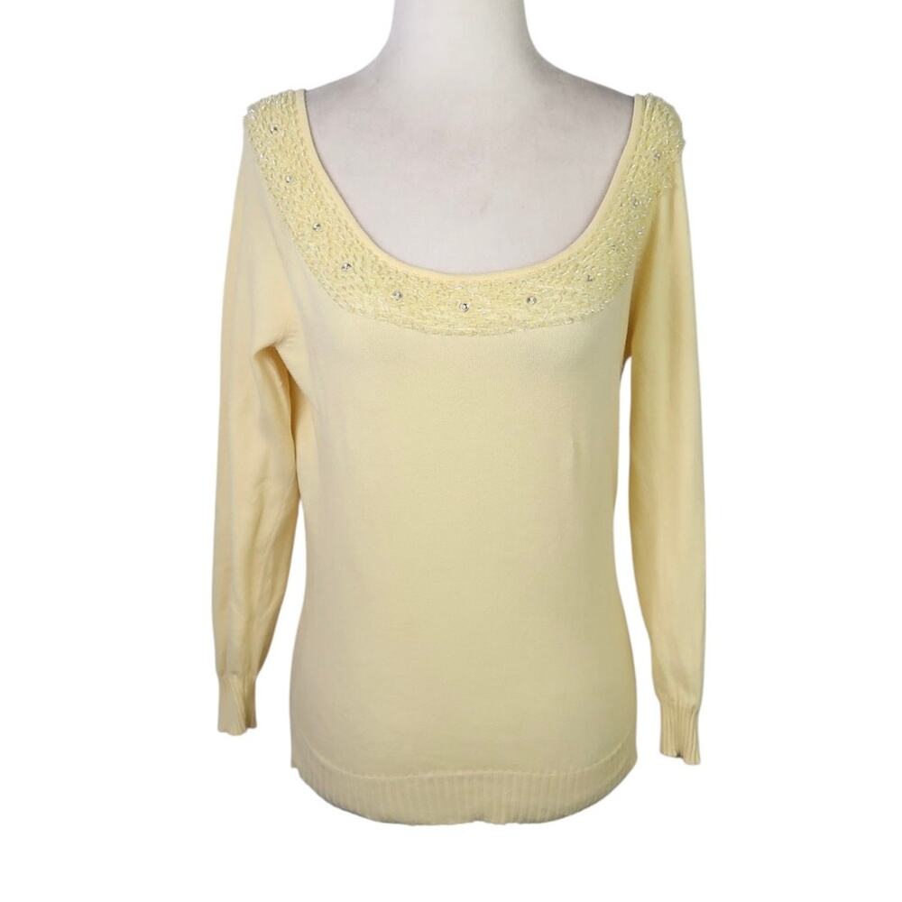 Vintage Y2K The Limited Butter Yellow Sweater Beaded Collar Trim M